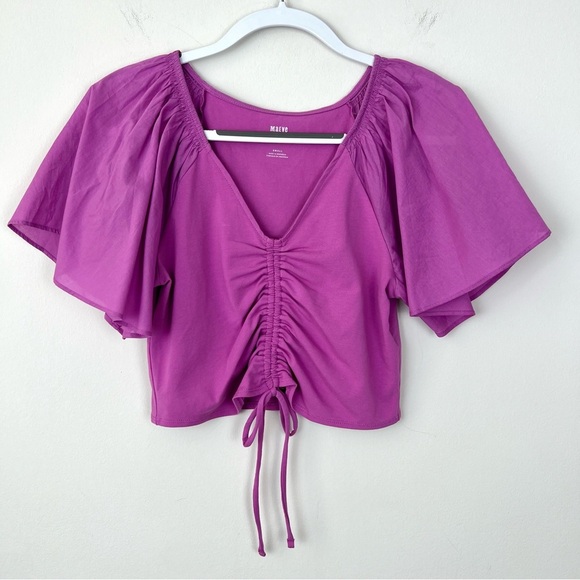 NWT Anthropologie Maeve Flutter Sleeve Ruched Crop Top Magenta - Picture 1 of 9